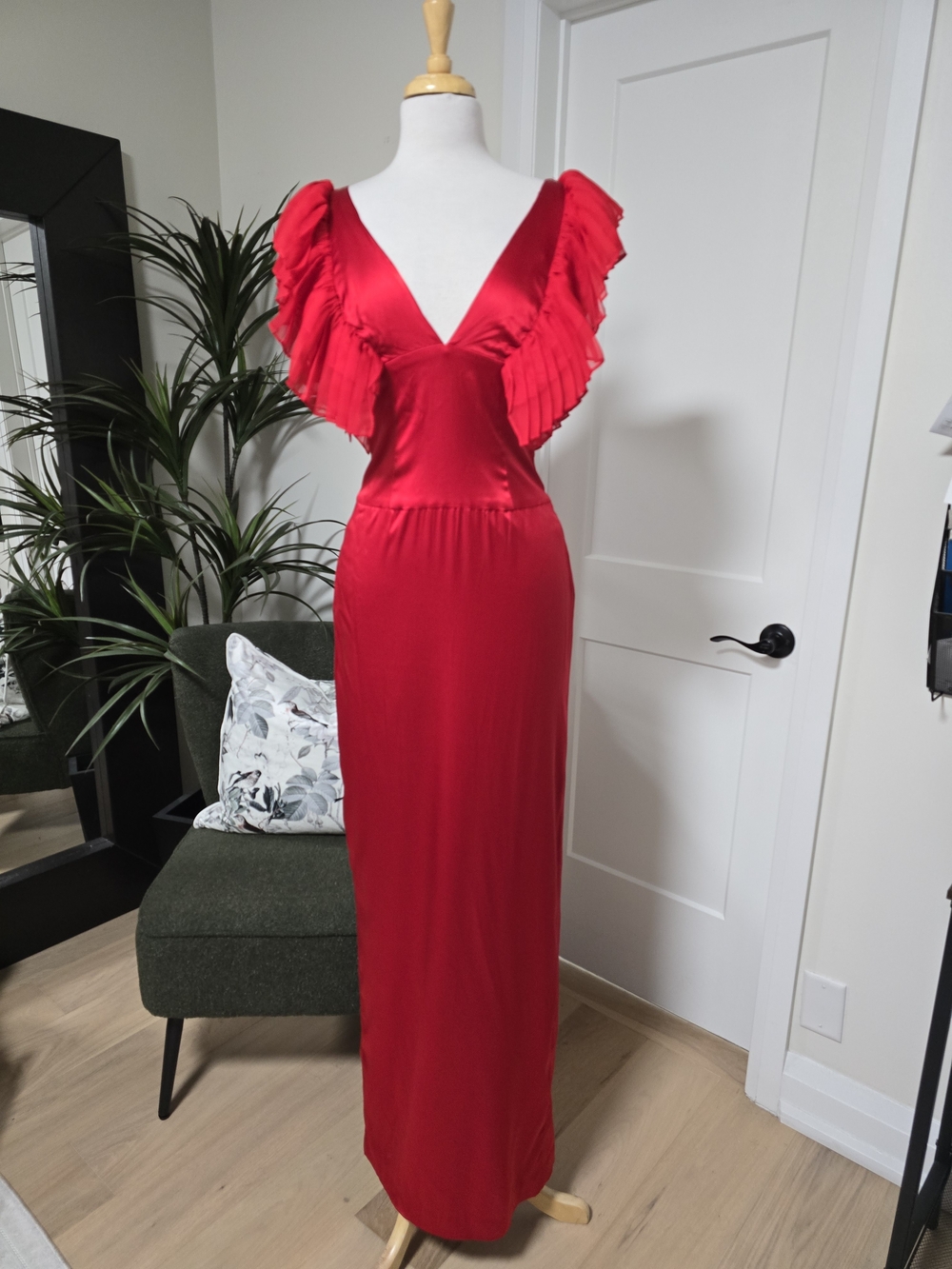 Marciano Red Satin Maxi Dress with Ruffle Cap Sleeves